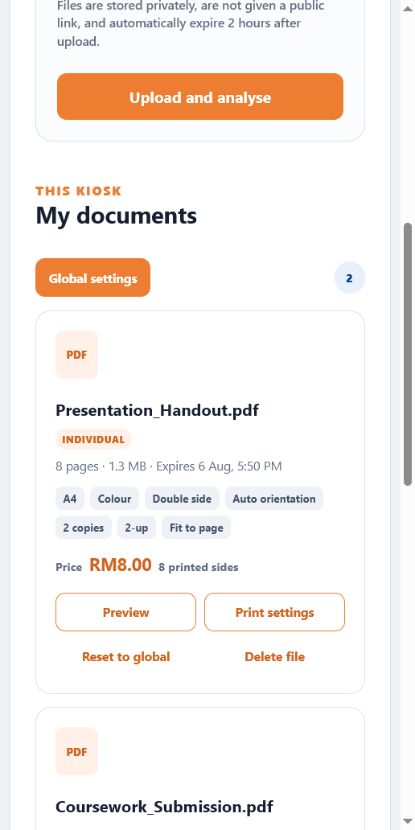 Actual Quiko mobile screen showing uploaded documents, print settings, and price